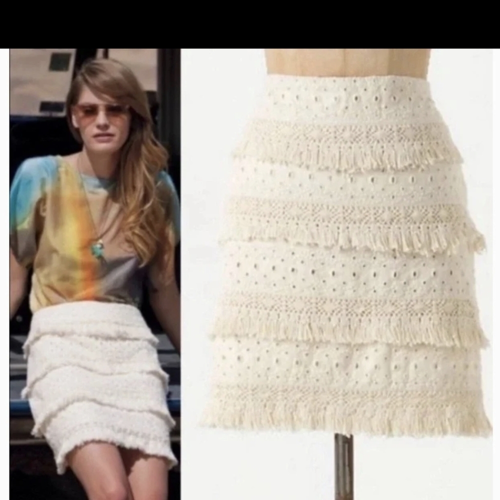Anthropologie,Elegant Cream Linen Fringe Skirt,Size 10
